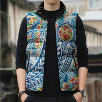 Hawaiian Turtle and Lei Sleeveless Puffer Jacket Tribal Kakau and Tropical Plants Human Heart LT03 - Polynesian Pride