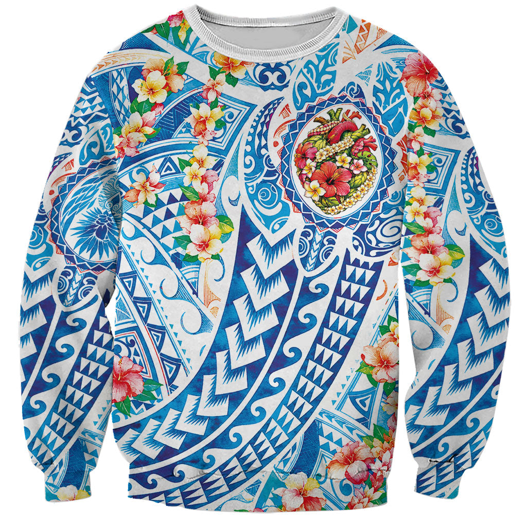 Hawaiian Turtle and Lei Sweatshirt Tribal Kakau and Tropical Plants Human Heart LT03 Unisex Multicolor - Polynesian Pride