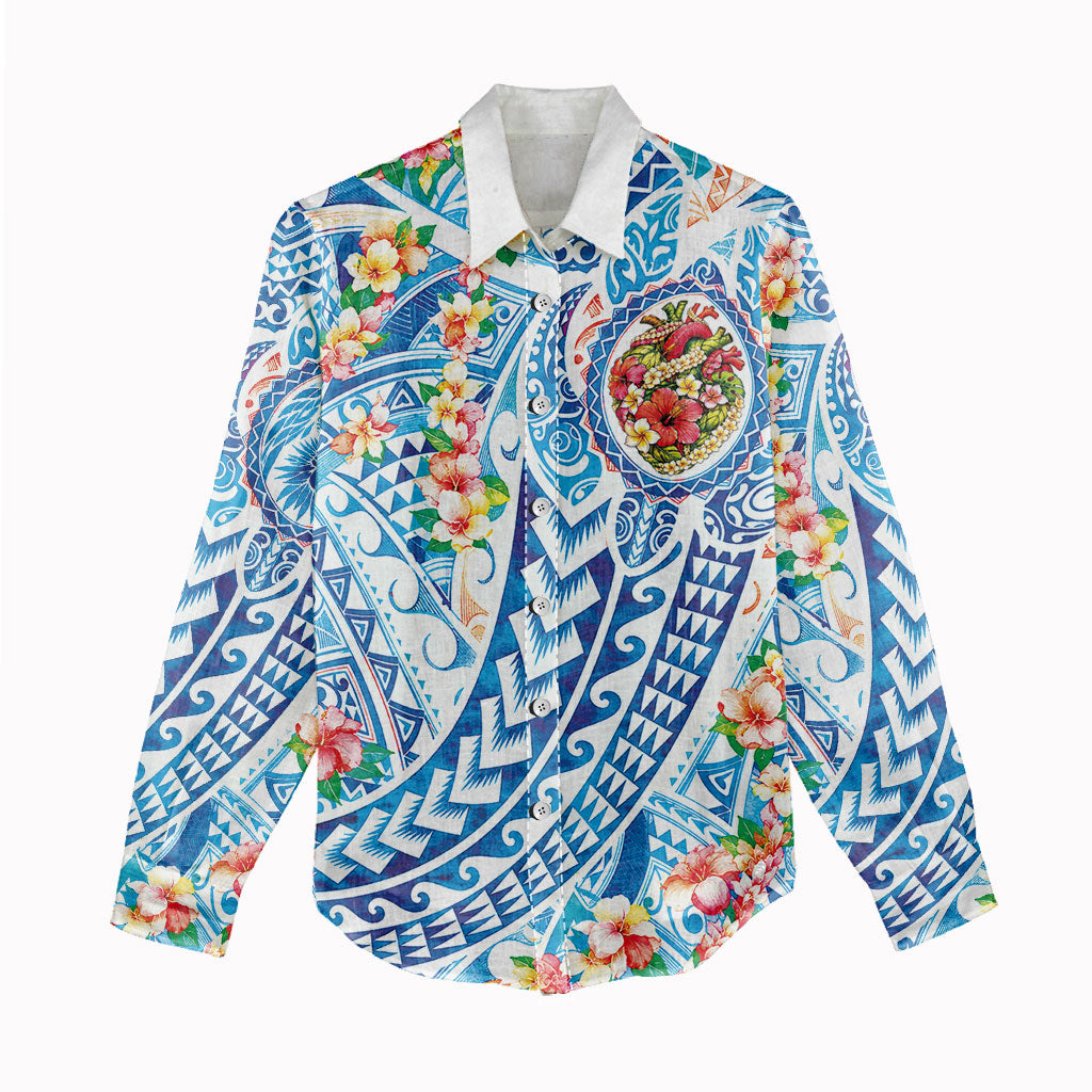 Hawaiian Turtle and Lei Women Casual Shirt Tribal Kakau and Tropical Plants Human Heart LT03 - Polynesian Pride