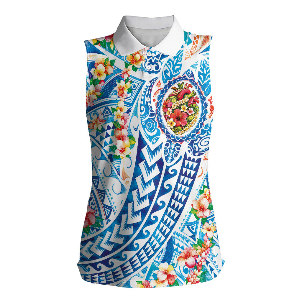 Hawaiian Turtle and Lei Women Sleeveless Polo Shirt Tribal Kakau and Tropical Plants Human Heart