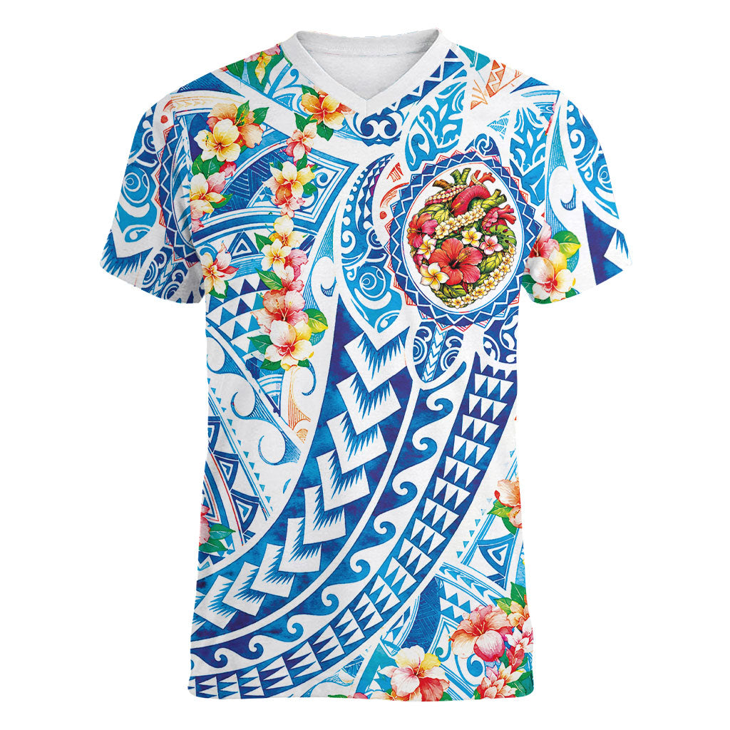 Hawaiian Turtle and Lei Women V-Neck T-Shirt Tribal Kakau and Tropical Plants Human Heart