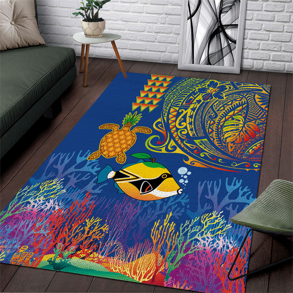 Hawaii Ocean Area Rug Pineapple Turtle and Mango Reef Triggerfish and Kakau Tattoo LT03 Multicolor - Polynesian Pride