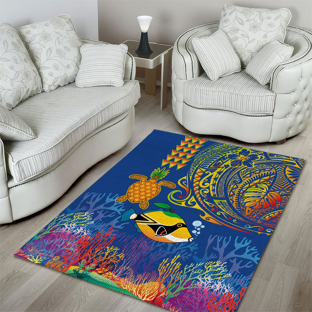 Hawaii Ocean Area Rug Pineapple Turtle and Mango Reef Triggerfish and Kakau Tattoo LT03 - Polynesian Pride