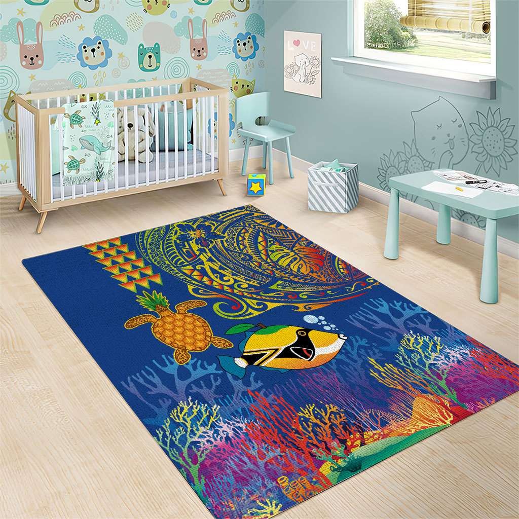 Hawaii Ocean Area Rug Pineapple Turtle and Mango Reef Triggerfish and Kakau Tattoo LT03 - Polynesian Pride