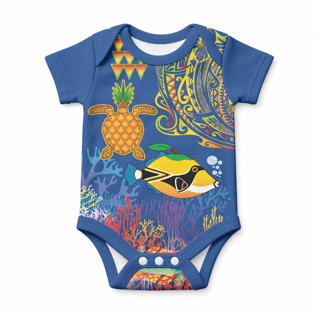 Hawaii Ocean Baby Onesie Pineapple Turtle and Mango Reef Triggerfish and Kakau Tattoo