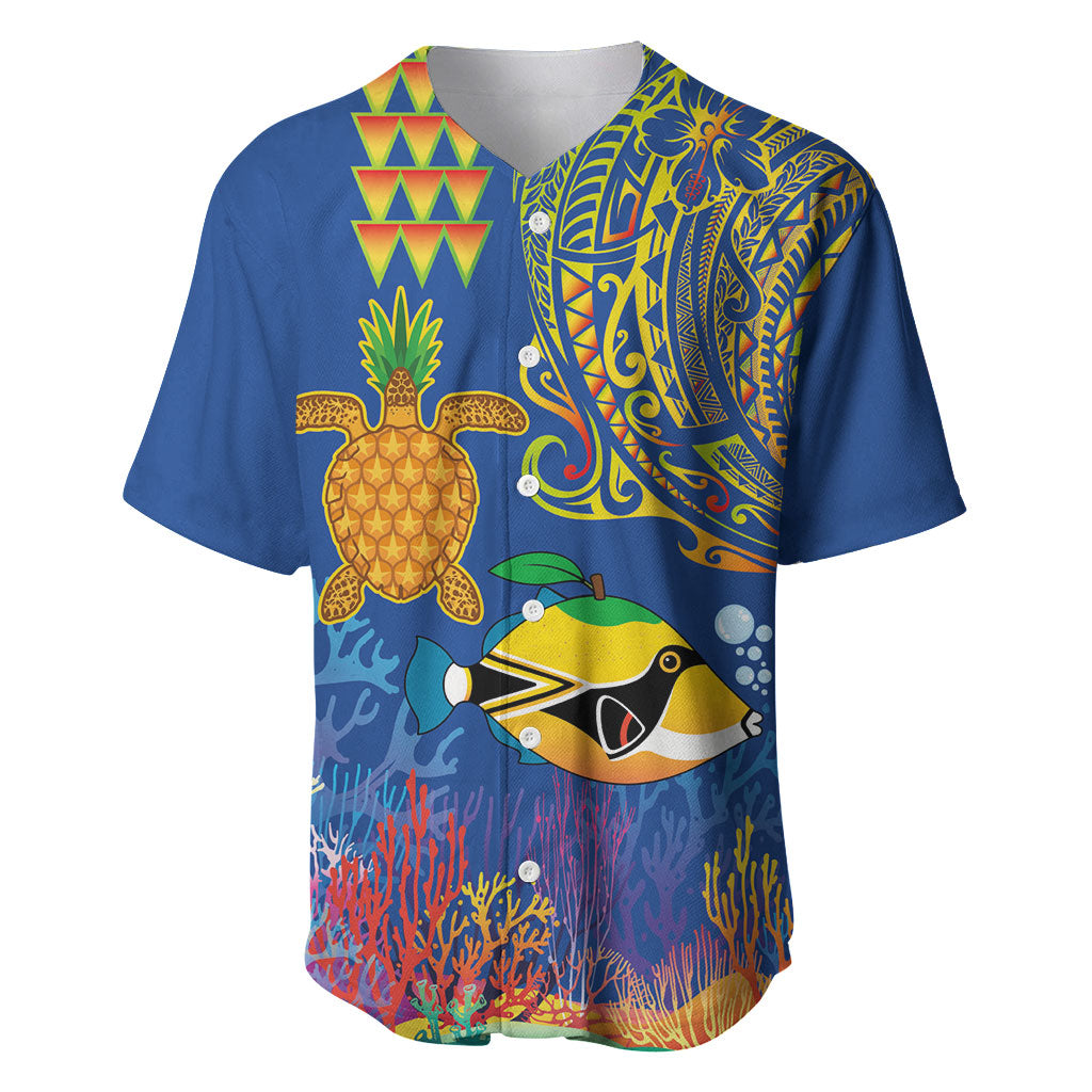 Hawaii Ocean Baseball Jersey Pineapple Turtle and Mango Reef Triggerfish and Kakau Tattoo LT03 Multicolor - Polynesian Pride