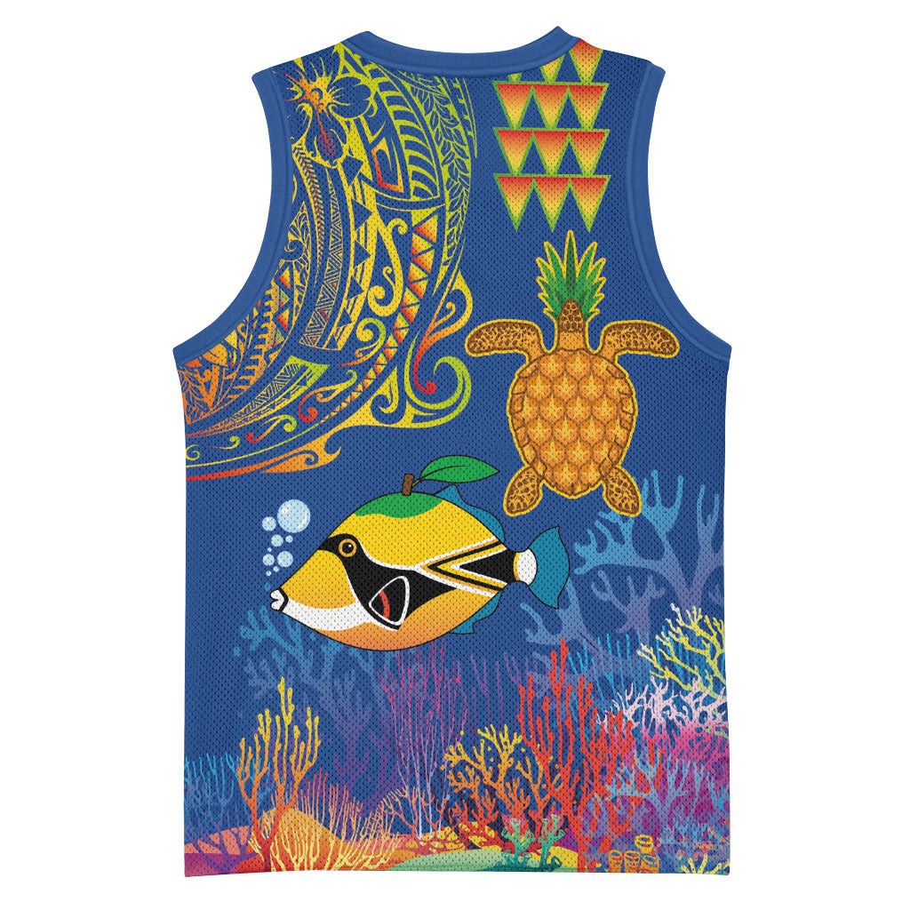 Hawaii Ocean Basketball Jersey Pineapple Turtle and Mango Reef Triggerfish and Kakau Tattoo