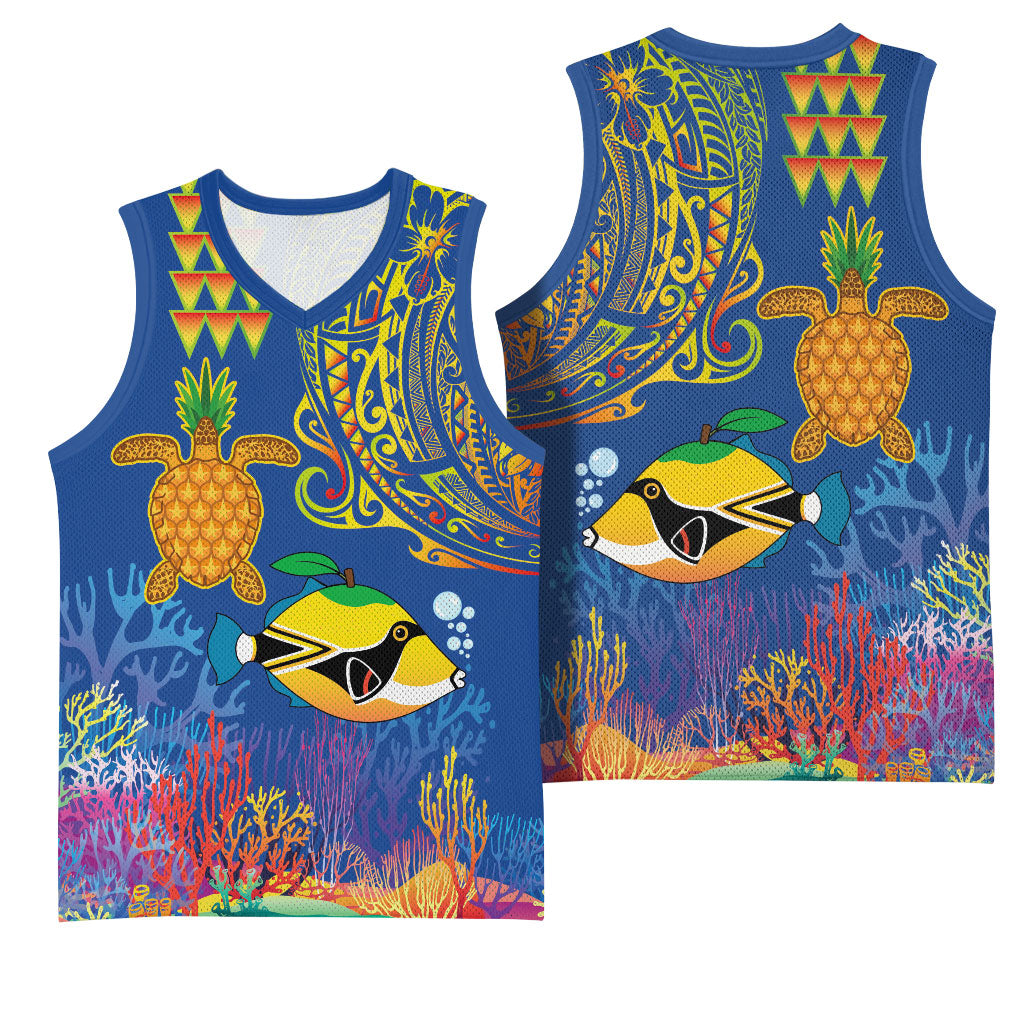 Hawaii Ocean Basketball Jersey Pineapple Turtle and Mango Reef Triggerfish and Kakau Tattoo