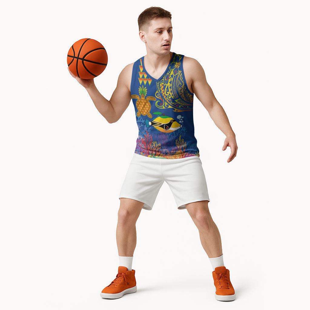 Hawaii Ocean Basketball Jersey Pineapple Turtle and Mango Reef Triggerfish and Kakau Tattoo