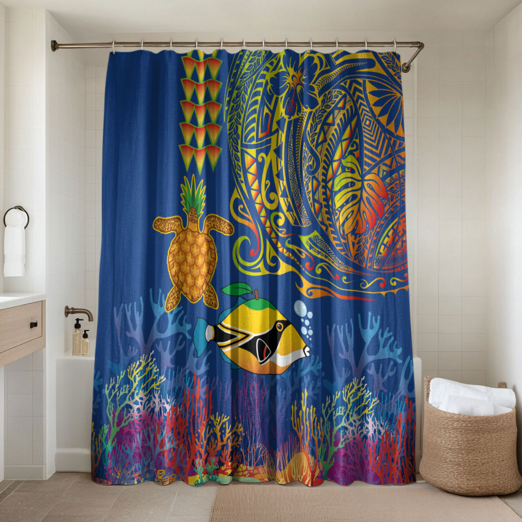 Hawaii Ocean Bathroom Set Pineapple Turtle and Mango Reef Triggerfish and Kakau Tattoo LT03 Shower Curtain Only Multicolor - Polynesian Pride