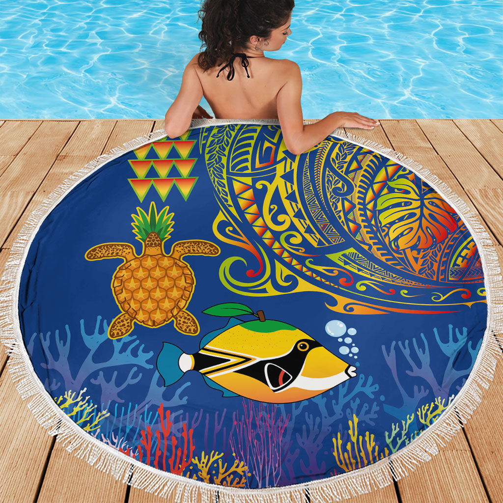 Hawaii Ocean Beach Blanket Pineapple Turtle and Mango Reef Triggerfish and Kakau Tattoo LT03 - Polynesian Pride