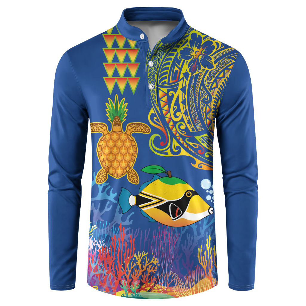 Hawaii Ocean Button Sweatshirt Pineapple Turtle and Mango Reef Triggerfish and Kakau Tattoo LT03 Multicolor - Polynesian Pride