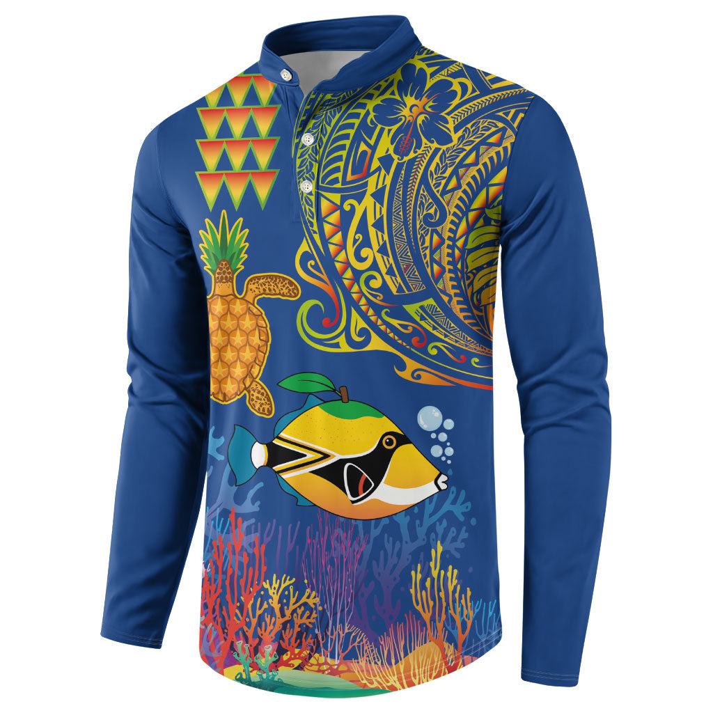 Hawaii Ocean Button Sweatshirt Pineapple Turtle and Mango Reef Triggerfish and Kakau Tattoo LT03 - Polynesian Pride