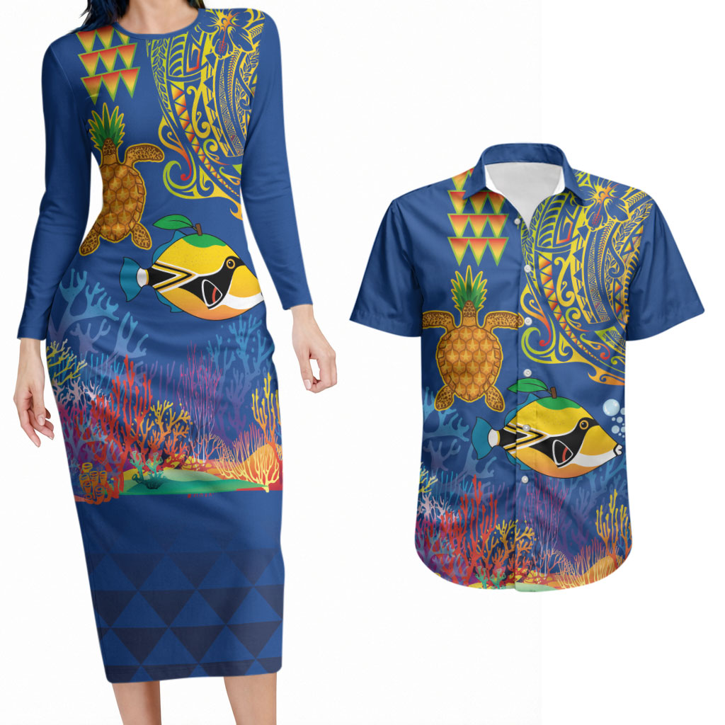 Hawaii Ocean Couples Matching Long Sleeve Bodycon Dress and Hawaiian Shirt Pineapple Turtle and Mango Reef Triggerfish and Kakau Tattoo LT03 Multicolor - Polynesian Pride