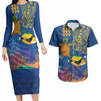 Hawaii Ocean Couples Matching Long Sleeve Bodycon Dress and Hawaiian Shirt Pineapple Turtle and Mango Reef Triggerfish and Kakau Tattoo LT03 Multicolor - Polynesian Pride