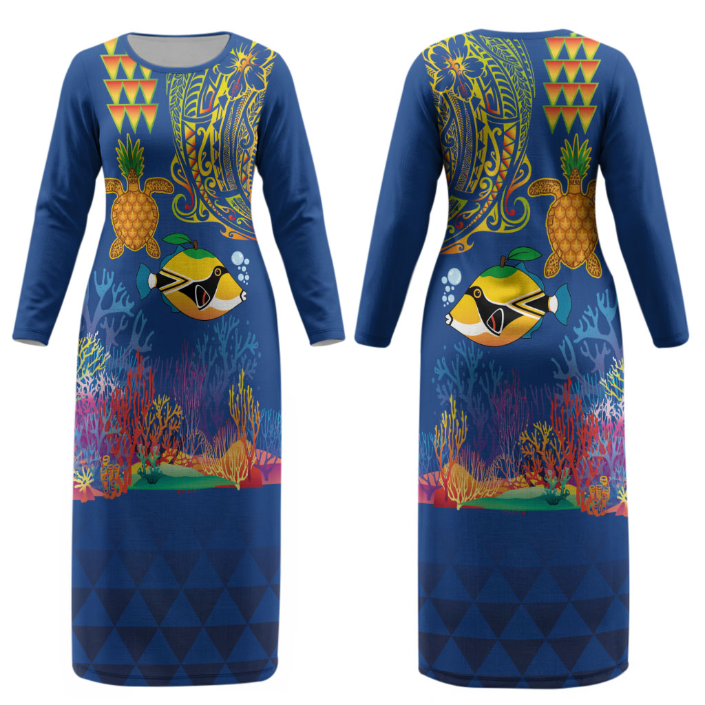 Hawaii Ocean Couples Matching Long Sleeve Bodycon Dress and Hawaiian Shirt Pineapple Turtle and Mango Reef Triggerfish and Kakau Tattoo LT03 - Polynesian Pride