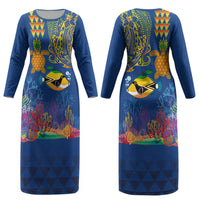 Hawaii Ocean Couples Matching Long Sleeve Bodycon Dress and Hawaiian Shirt Pineapple Turtle and Mango Reef Triggerfish and Kakau Tattoo LT03 - Polynesian Pride