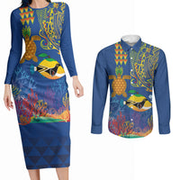 Hawaii Ocean Couples Matching Long Sleeve Bodycon Dress and Long Sleeve Button Shirt Pineapple Turtle and Mango Reef Triggerfish and Kakau Tattoo LT03 Multicolor - Polynesian Pride