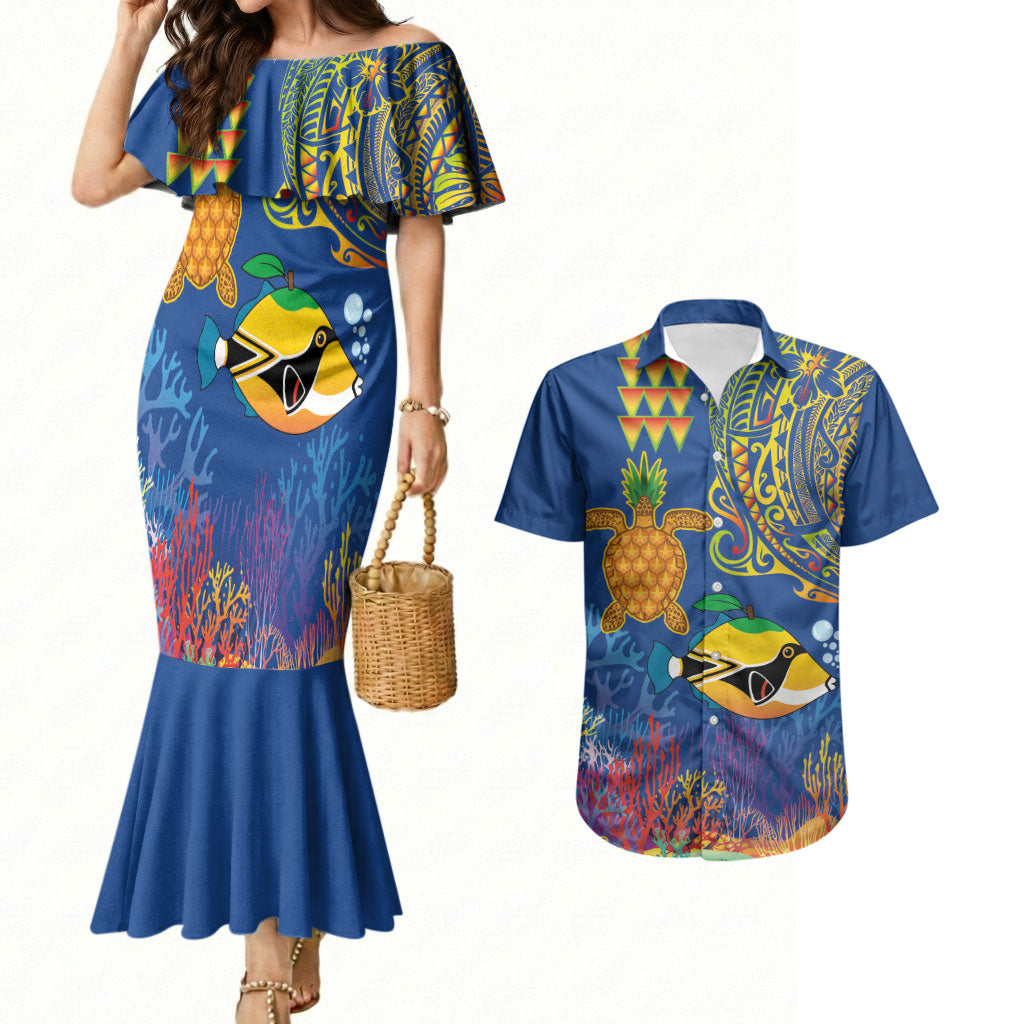 Hawaii Ocean Couples Matching Mermaid Dress and Hawaiian Shirt Pineapple Turtle and Mango Reef Triggerfish and Kakau Tattoo LT03 Multicolor - Polynesian Pride