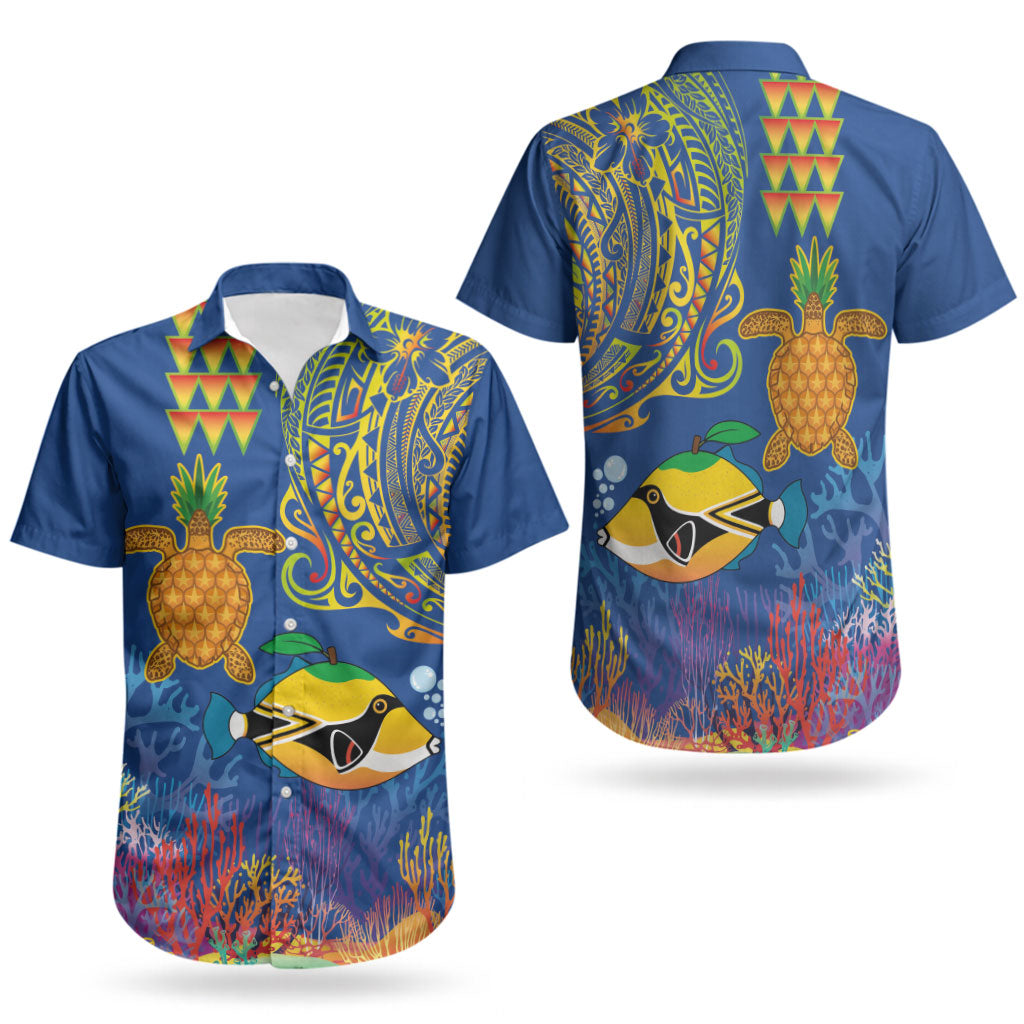 Hawaii Ocean Couples Matching Mermaid Dress and Hawaiian Shirt Pineapple Turtle and Mango Reef Triggerfish and Kakau Tattoo LT03 - Polynesian Pride