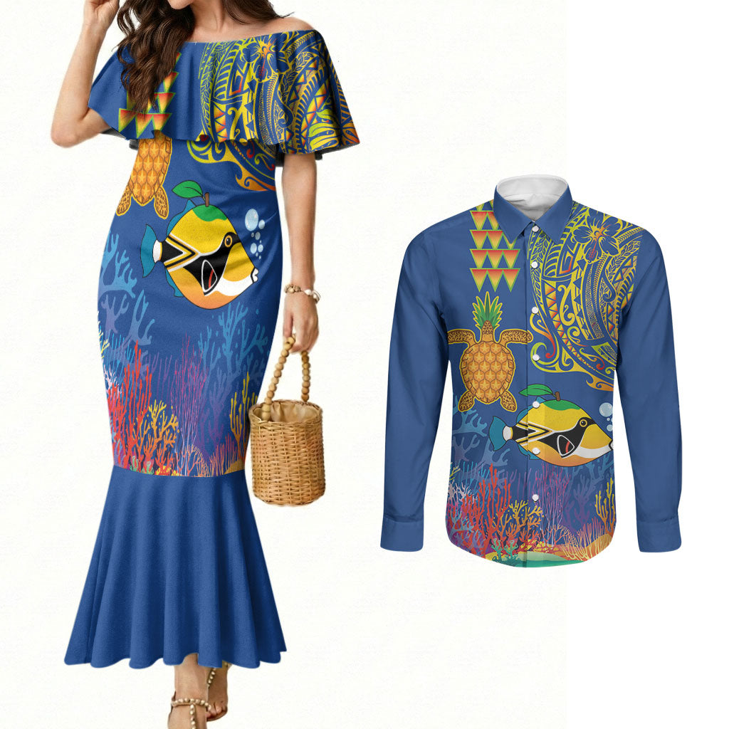 Hawaii Ocean Couples Matching Mermaid Dress and Long Sleeve Button Shirt Pineapple Turtle and Mango Reef Triggerfish and Kakau Tattoo