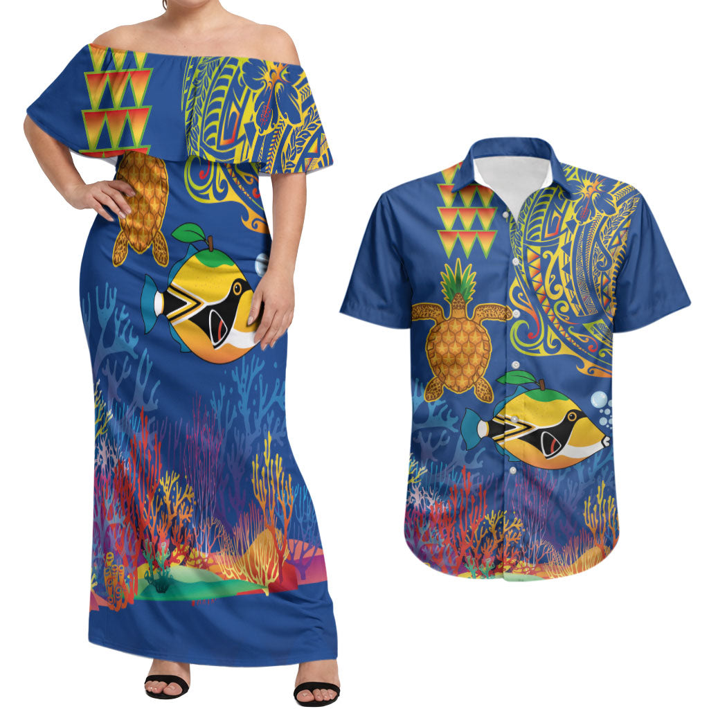 Hawaii Ocean Couples Matching Off Shoulder Maxi Dress and Hawaiian Shirt Pineapple Turtle and Mango Reef Triggerfish and Kakau Tattoo LT03 Multicolor - Polynesian Pride