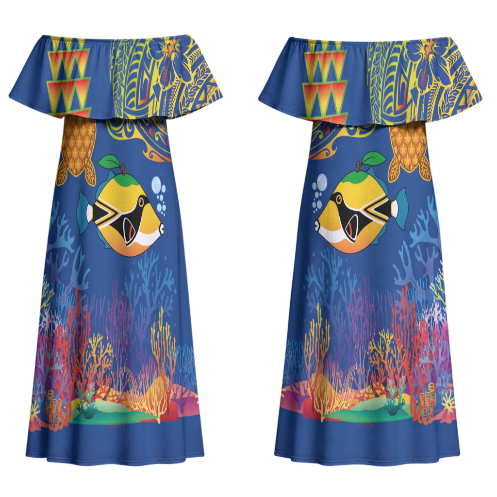 Hawaii Ocean Couples Matching Off Shoulder Maxi Dress and Hawaiian Shirt Pineapple Turtle and Mango Reef Triggerfish and Kakau Tattoo LT03 - Polynesian Pride