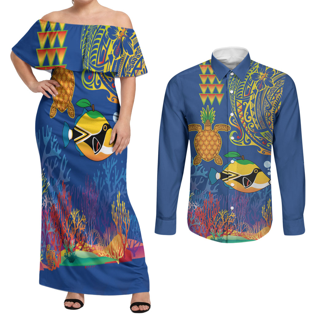 Hawaii Ocean Couples Matching Off Shoulder Maxi Dress and Long Sleeve Button Shirt Pineapple Turtle and Mango Reef Triggerfish and Kakau Tattoo LT03 Multicolor - Polynesian Pride