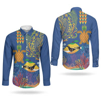 Hawaii Ocean Couples Matching Off Shoulder Maxi Dress and Long Sleeve Button Shirt Pineapple Turtle and Mango Reef Triggerfish and Kakau Tattoo LT03 - Polynesian Pride