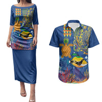 Hawaii Ocean Couples Matching Puletasi and Hawaiian Shirt Pineapple Turtle and Mango Reef Triggerfish and Kakau Tattoo