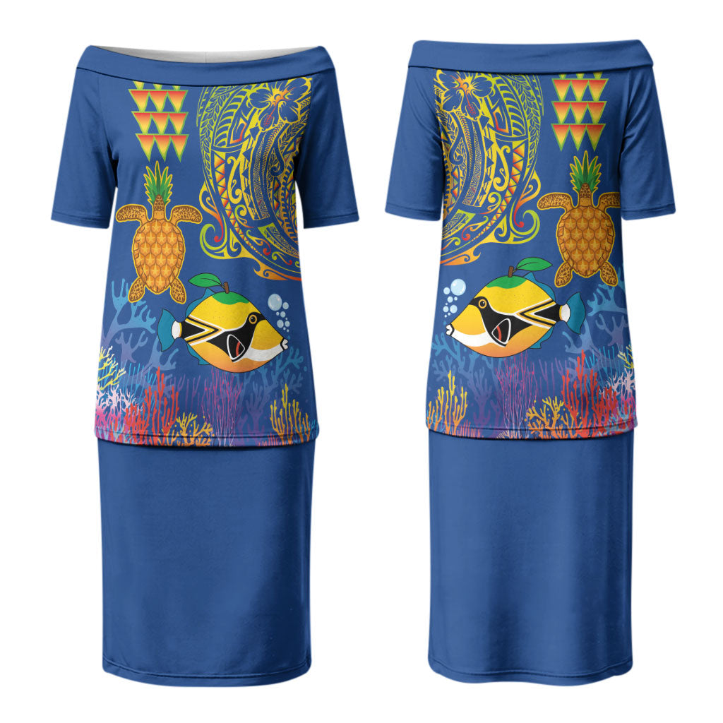 Hawaii Ocean Couples Matching Puletasi and Hawaiian Shirt Pineapple Turtle and Mango Reef Triggerfish and Kakau Tattoo
