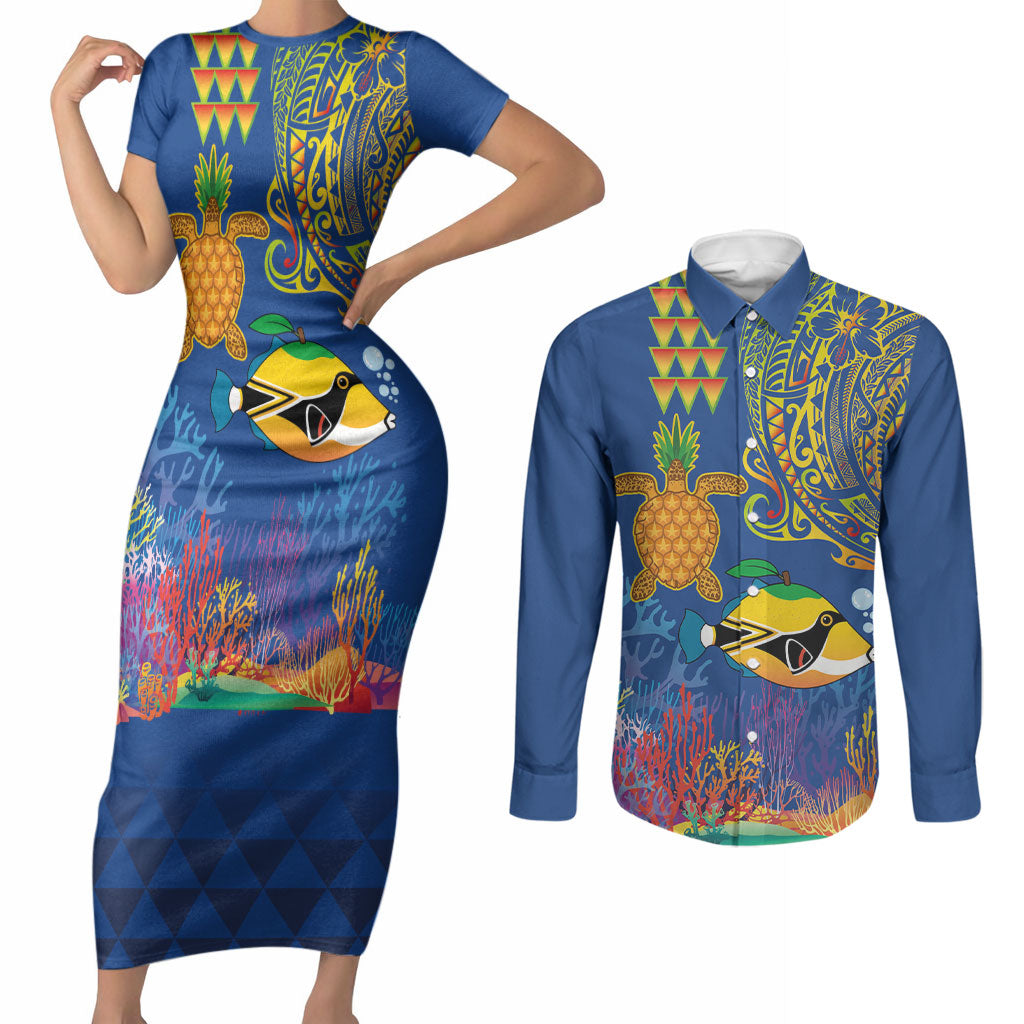 Hawaii Ocean Couples Matching Short Sleeve Bodycon Dress and Long Sleeve Button Shirt Pineapple Turtle and Mango Reef Triggerfish and Kakau Tattoo LT03 Multicolor - Polynesian Pride
