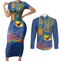 Hawaii Ocean Couples Matching Short Sleeve Bodycon Dress and Long Sleeve Button Shirt Pineapple Turtle and Mango Reef Triggerfish and Kakau Tattoo LT03 Multicolor - Polynesian Pride
