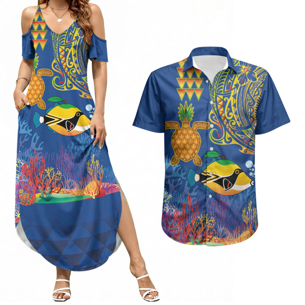 Hawaii Ocean Couples Matching Summer Maxi Dress and Hawaiian Shirt Pineapple Turtle and Mango Reef Triggerfish and Kakau Tattoo