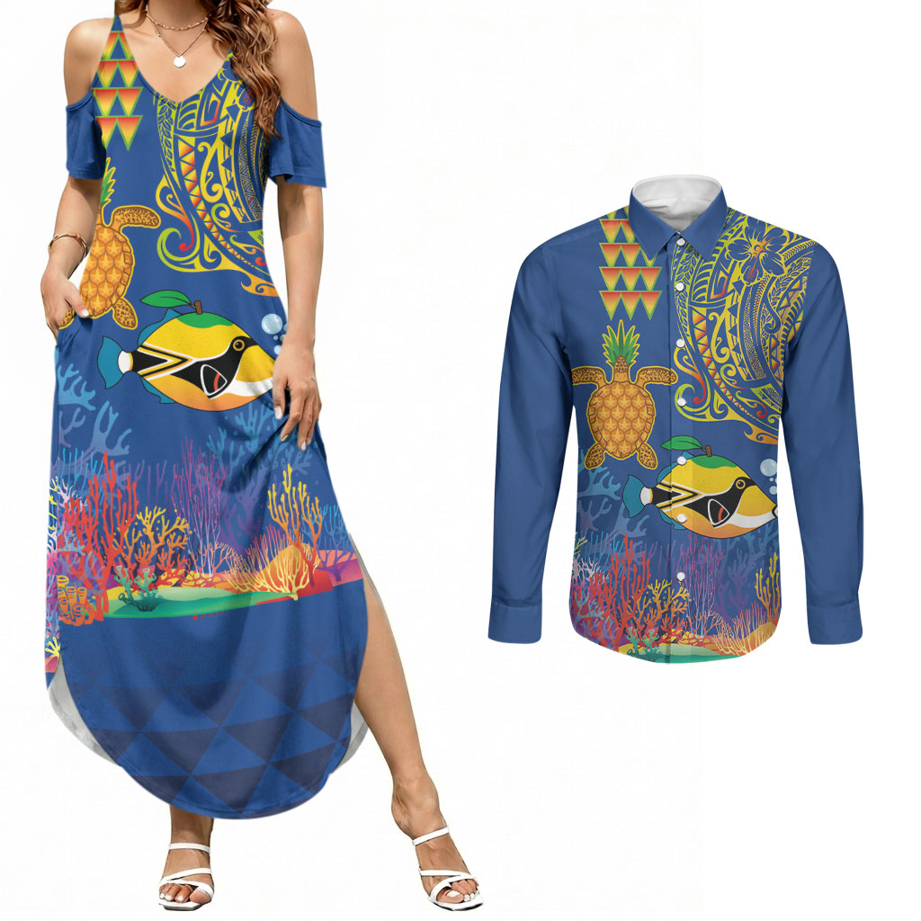 Hawaii Ocean Couples Matching Summer Maxi Dress and Long Sleeve Button Shirt Pineapple Turtle and Mango Reef Triggerfish and Kakau Tattoo