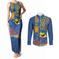 Hawaii Ocean Couples Matching Tank Maxi Dress and Long Sleeve Button Shirt Pineapple Turtle and Mango Reef Triggerfish and Kakau Tattoo LT03 Multicolor - Polynesian Pride