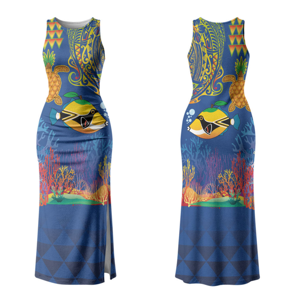 Hawaii Ocean Couples Matching Tank Maxi Dress and Long Sleeve Button Shirt Pineapple Turtle and Mango Reef Triggerfish and Kakau Tattoo LT03 - Polynesian Pride