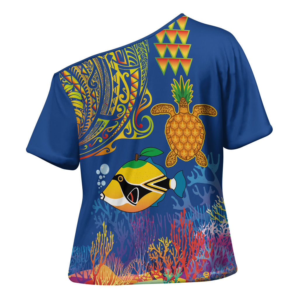 Hawaii Ocean Cross Shoulder Shirt Pineapple Turtle and Mango Reef Triggerfish and Kakau Tattoo LT03 - Polynesian Pride