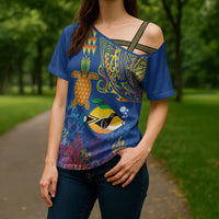 Hawaii Ocean Cross Shoulder Shirt Pineapple Turtle and Mango Reef Triggerfish and Kakau Tattoo LT03 - Polynesian Pride