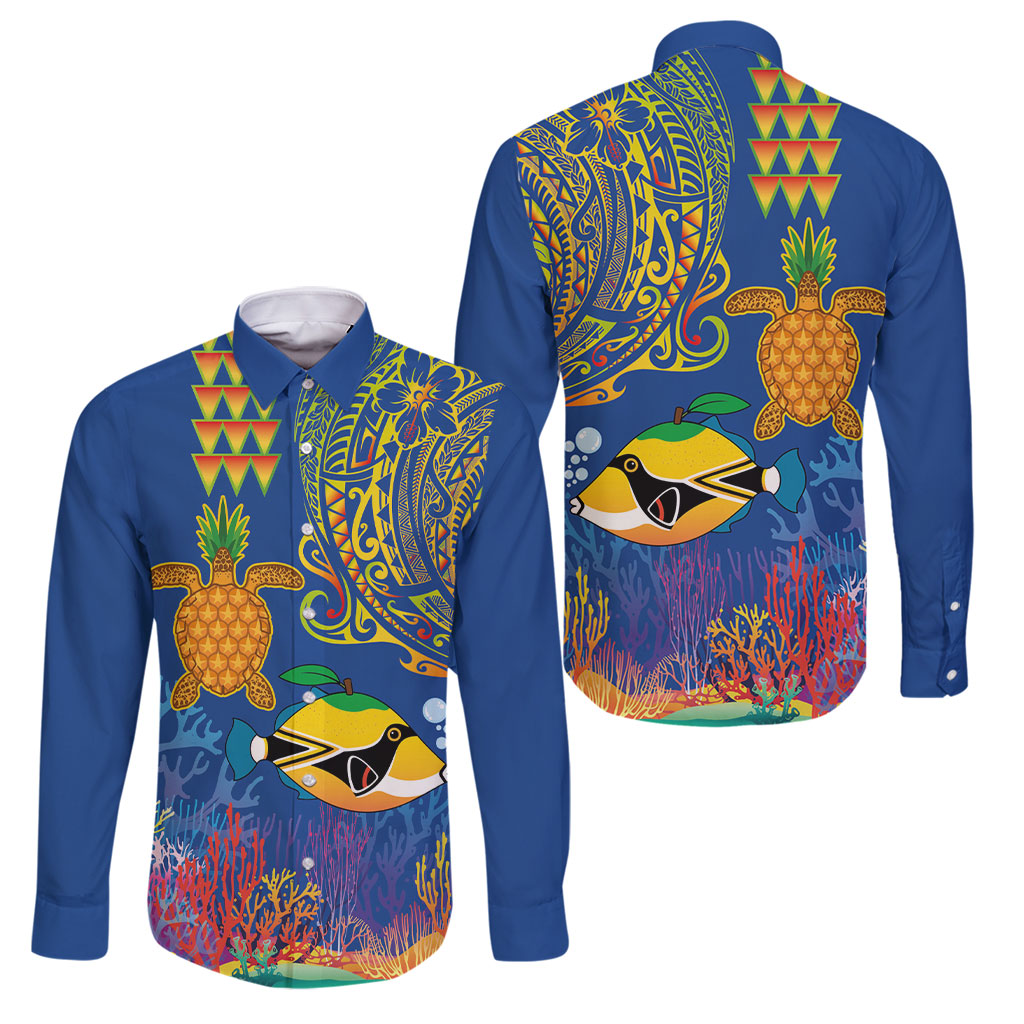 Hawaii Ocean Family Matching Long Sleeve Bodycon Dress and Hawaiian Shirt Pineapple Turtle and Mango Reef Triggerfish and Kakau Tattoo LT03 Dad's Shirt - Long Sleeve Multicolor - Polynesian Pride