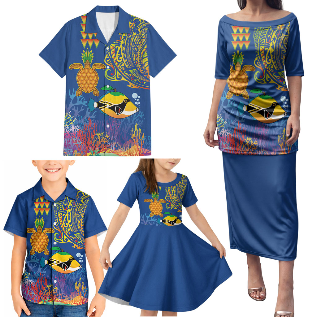 Hawaii Ocean Family Matching Puletasi and Hawaiian Shirt Pineapple Turtle and Mango Reef Triggerfish and Kakau Tattoo