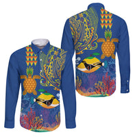Hawaii Ocean Family Matching Puletasi and Hawaiian Shirt Pineapple Turtle and Mango Reef Triggerfish and Kakau Tattoo LT03 Dad's Shirt - Long Sleeve Multicolor - Polynesian Pride