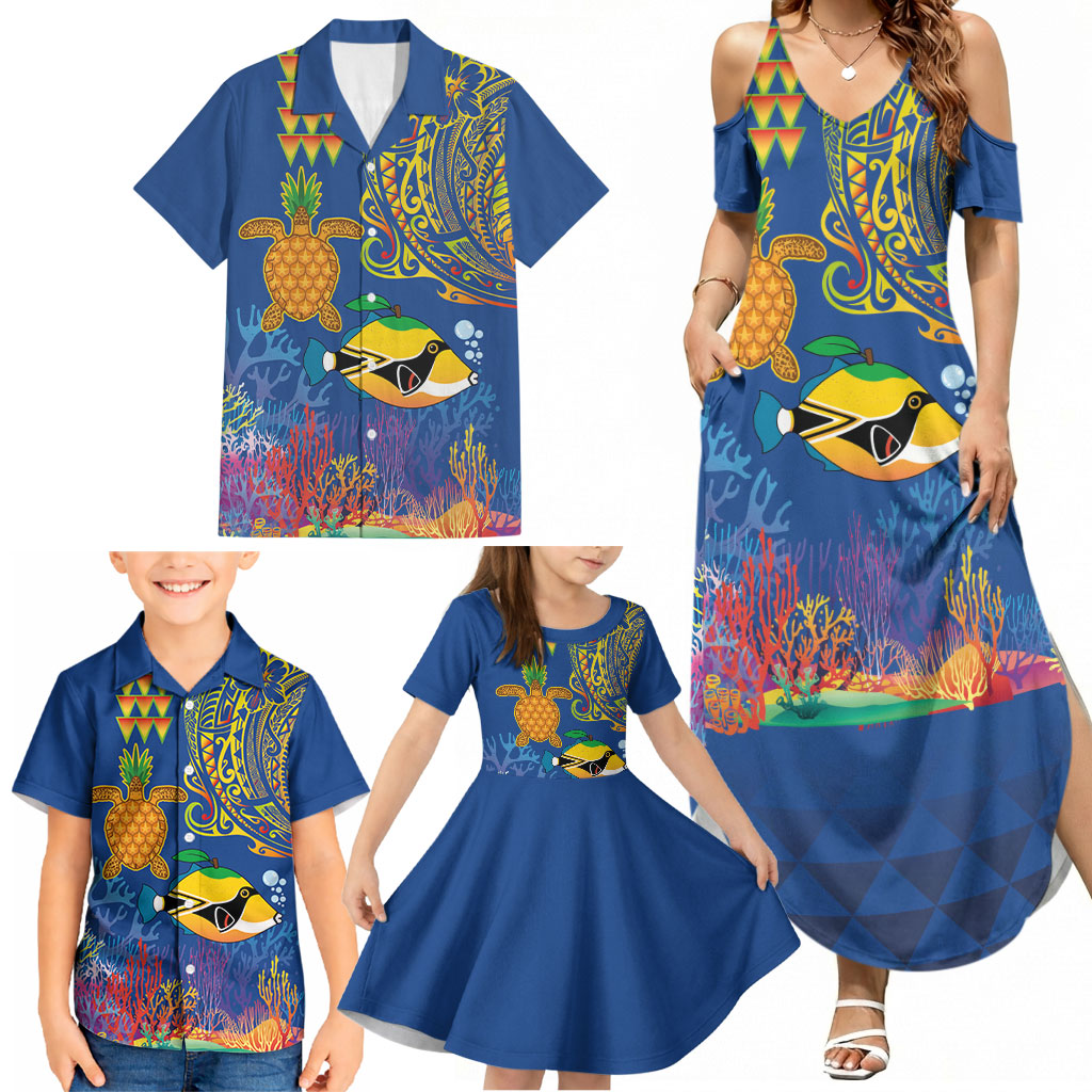 Hawaii Ocean Family Matching Summer Maxi Dress and Hawaiian Shirt Pineapple Turtle and Mango Reef Triggerfish and Kakau Tattoo