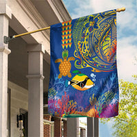 Hawaii Ocean Garden Flag Pineapple Turtle and Mango Reef Triggerfish and Kakau Tattoo LT03 House Flag Multicolor - Polynesian Pride
