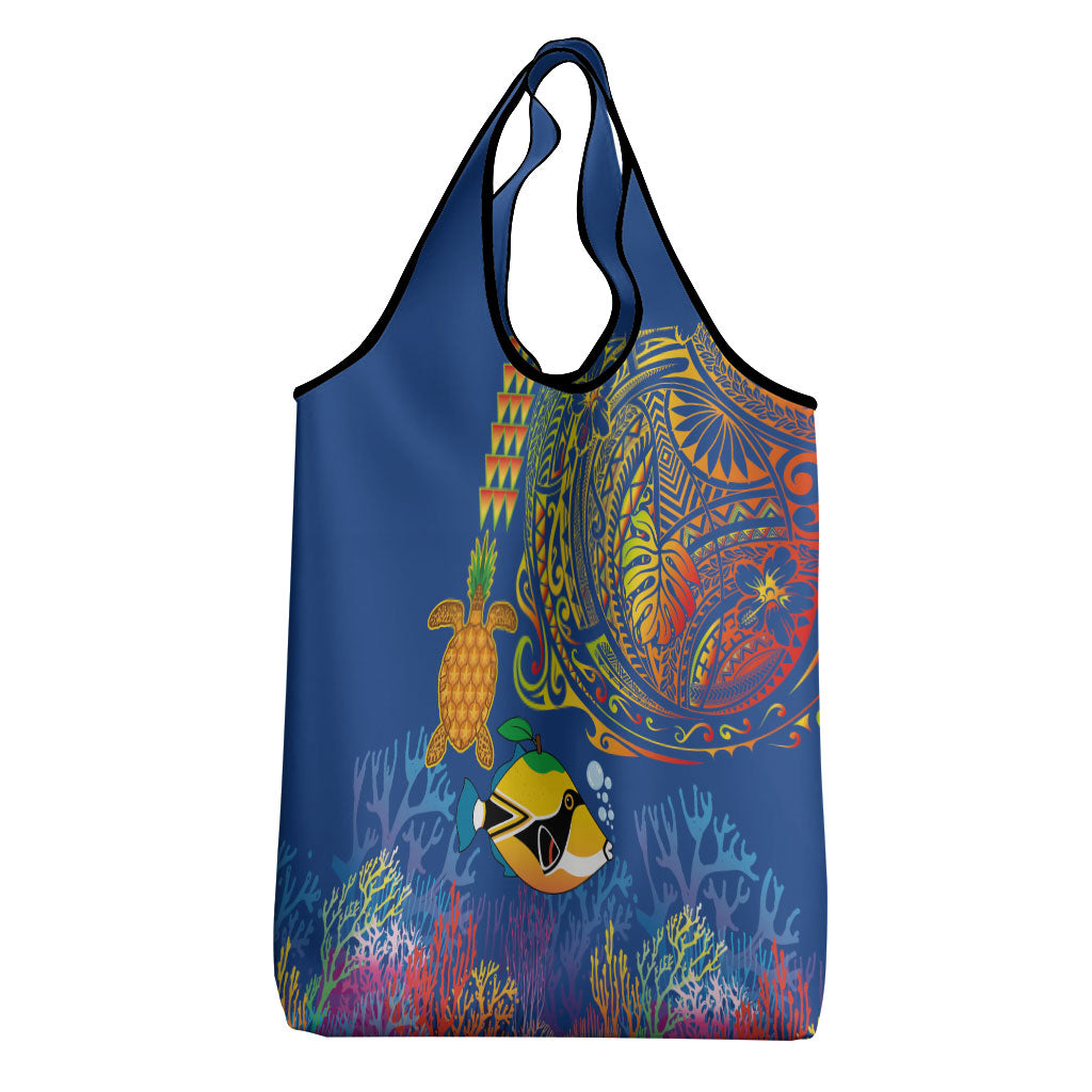 Hawaii Ocean Grocery Bag Pineapple Turtle and Mango Reef Triggerfish and Kakau Tattoo LT03 - Polynesian Pride