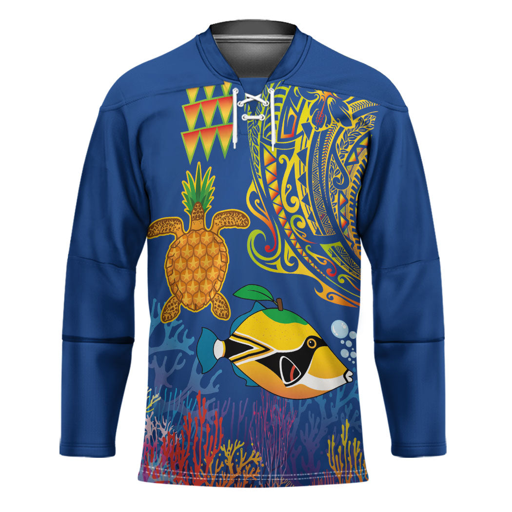 Hawaii Ocean Hockey Jersey Pineapple Turtle and Mango Reef Triggerfish and Kakau Tattoo LT03 Unisex Multicolor - Polynesian Pride