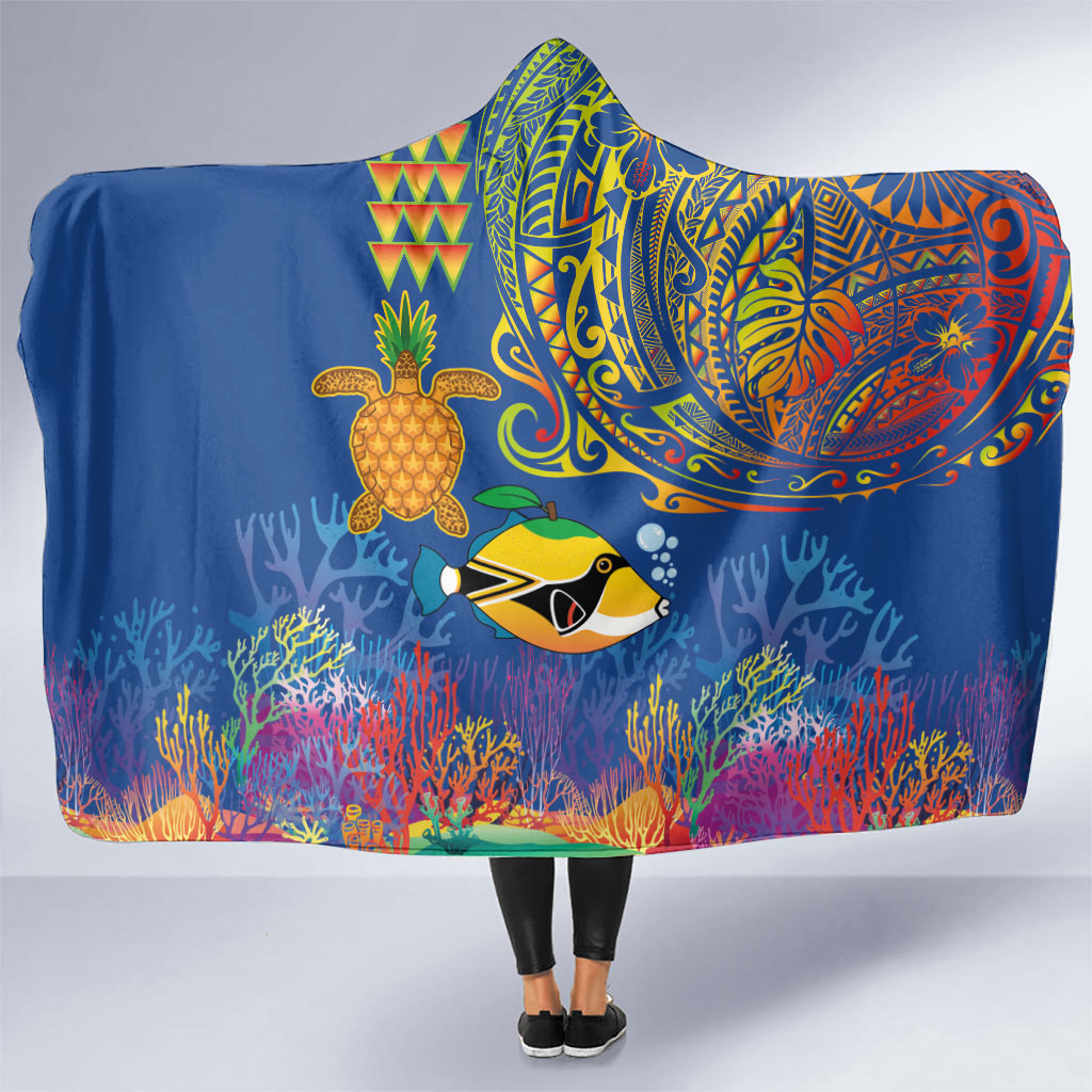 Hawaii Ocean Hooded Blanket Pineapple Turtle and Mango Reef Triggerfish and Kakau Tattoo LT03 One Size Multicolor - Polynesian Pride