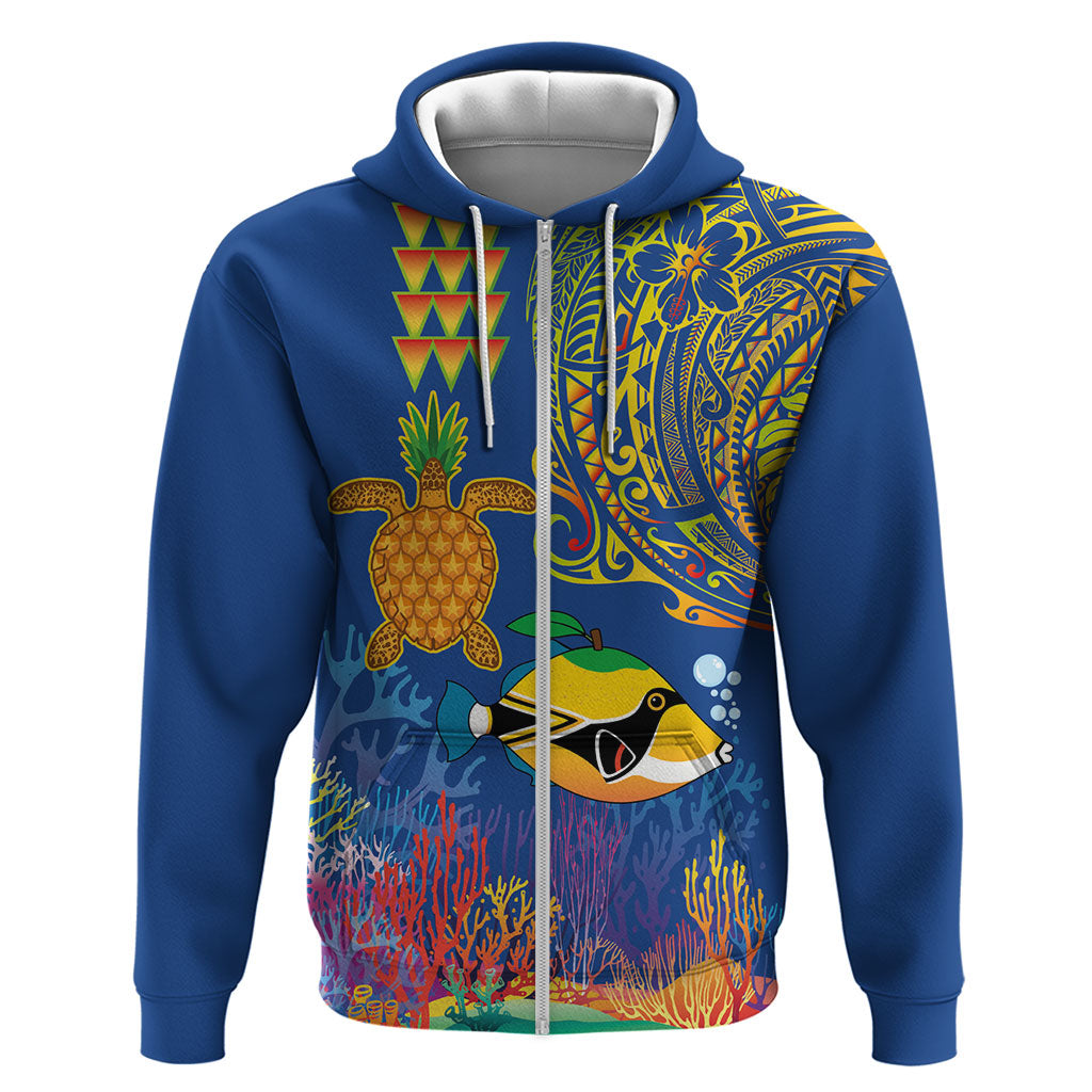 Hawaii Ocean Hoodie Pineapple Turtle and Mango Reef Triggerfish and Kakau Tattoo LT03 Zip Hoodie Multicolor - Polynesian Pride