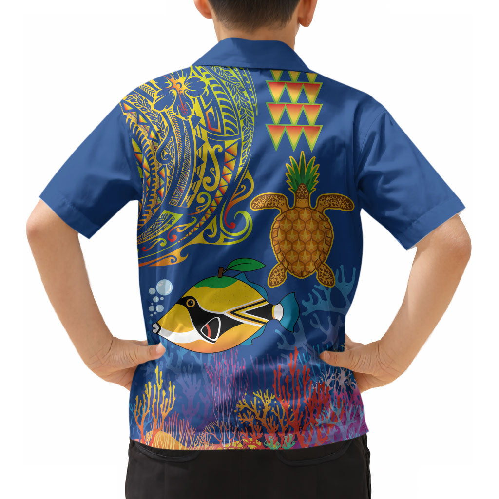 Hawaii Ocean Kid Hawaiian Shirt Pineapple Turtle and Mango Reef Triggerfish and Kakau Tattoo LT03 - Polynesian Pride
