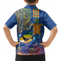 Hawaii Ocean Kid Hawaiian Shirt Pineapple Turtle and Mango Reef Triggerfish and Kakau Tattoo LT03 - Polynesian Pride